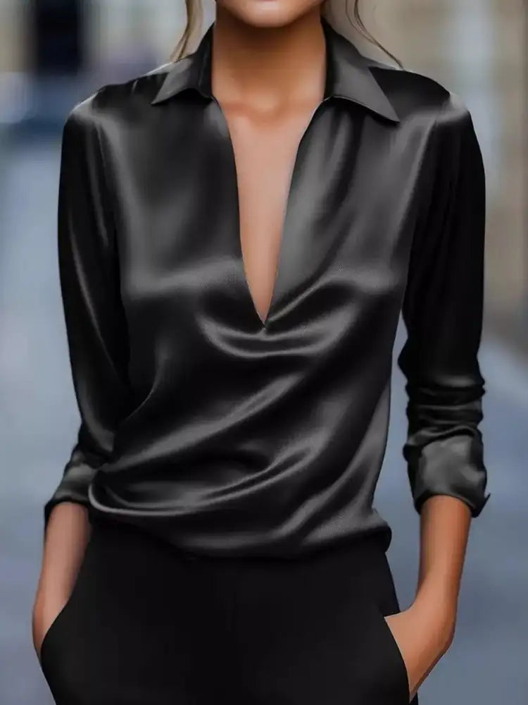 Satin Johnny Collar Long Sleeve Blouse
