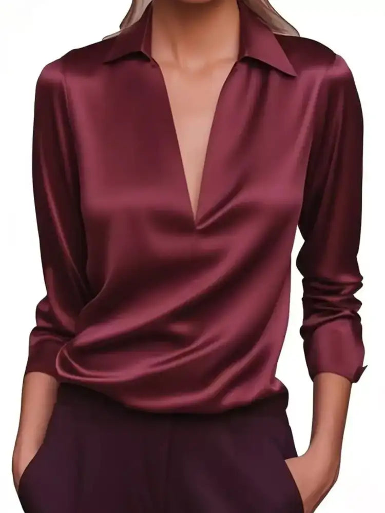 Satin Johnny Collar Long Sleeve Blouse