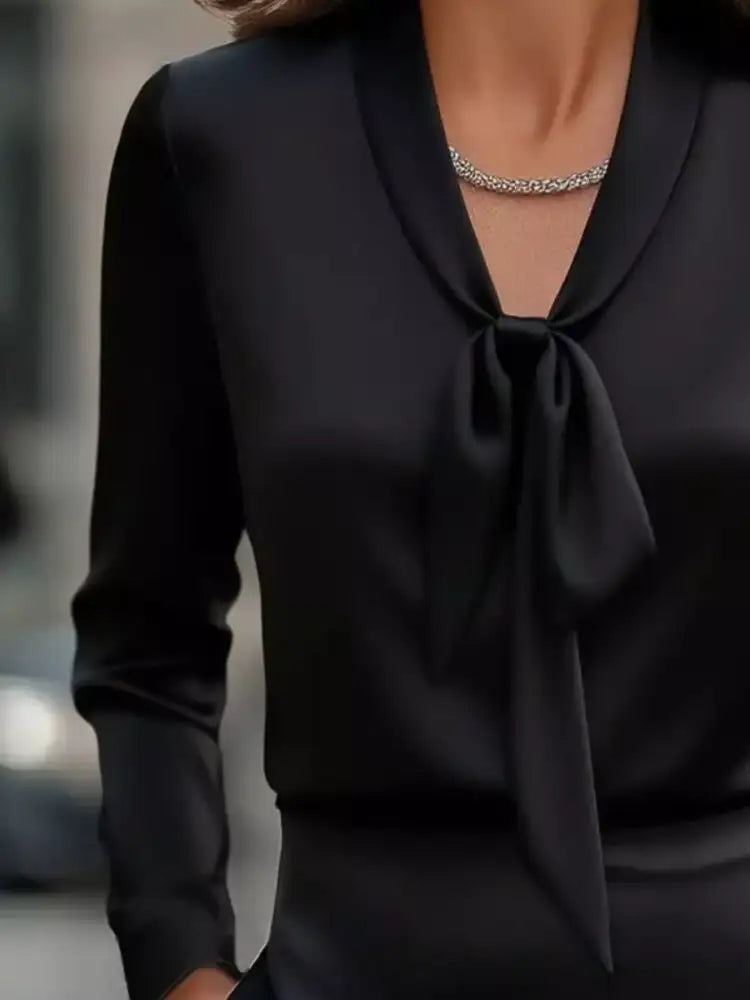 Satin Tie Front Long Sleeve Blouse