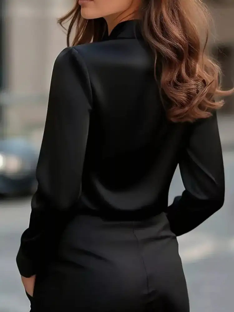 Satin Tie Front Long Sleeve Blouse