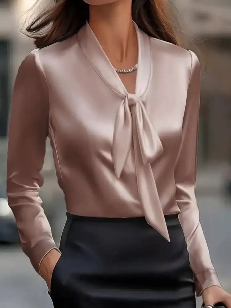 Satin Tie Front Long Sleeve Blouse