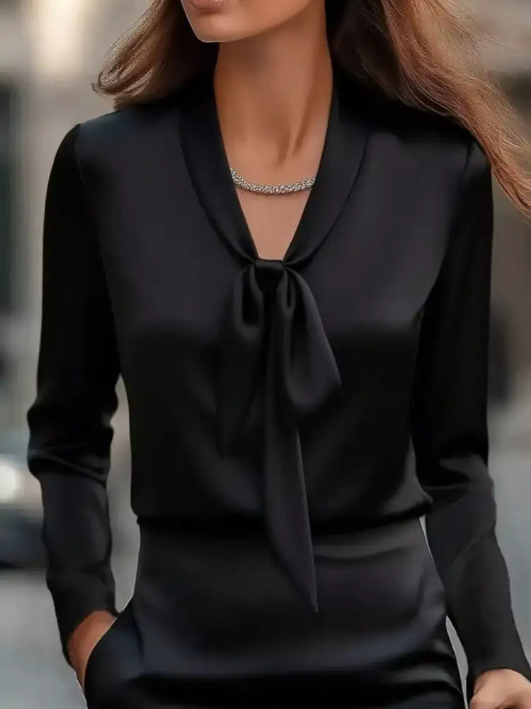 Satin Tie Front Long Sleeve Blouse