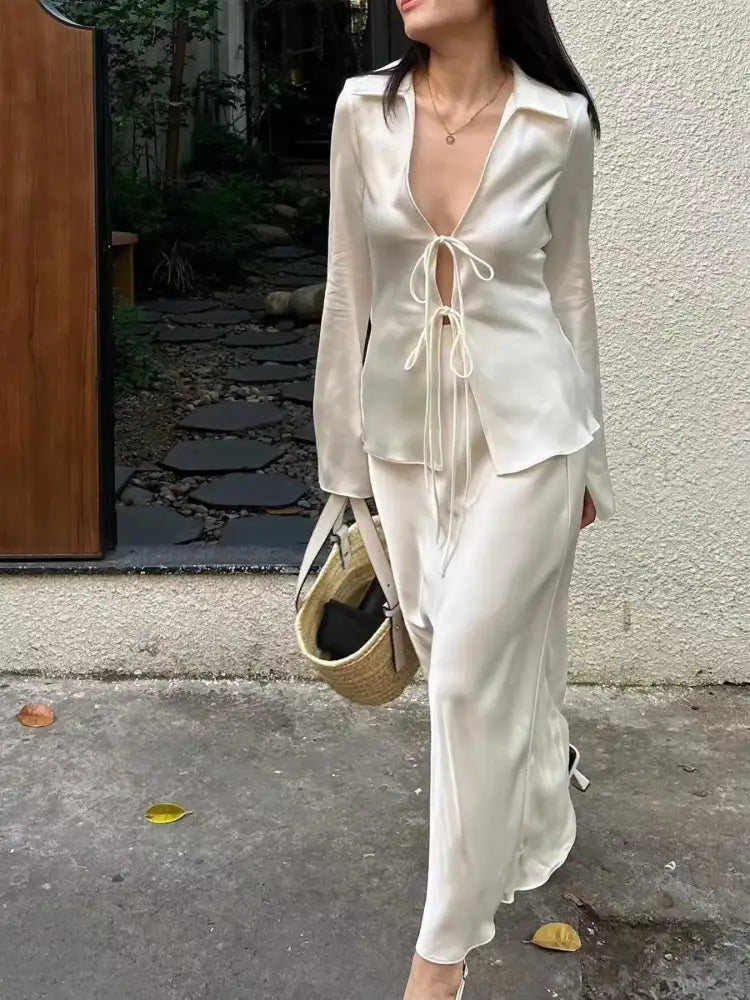 Satin Tie-Front Long Sleeve Shirt