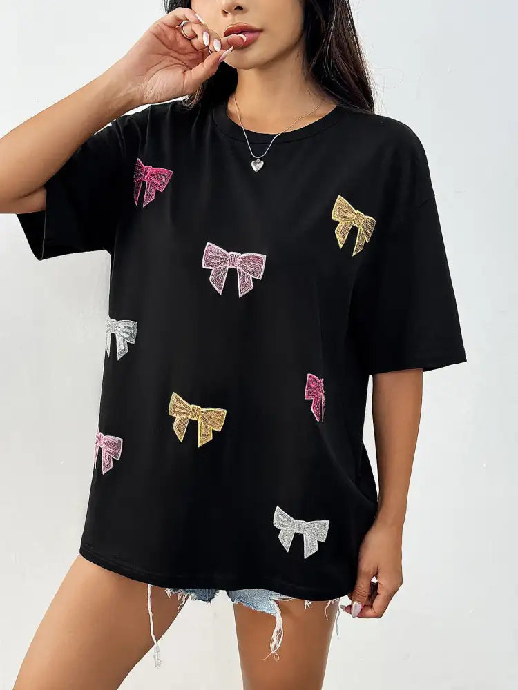 Sequin Bow Round Neck Short Sleeve T-Shirt