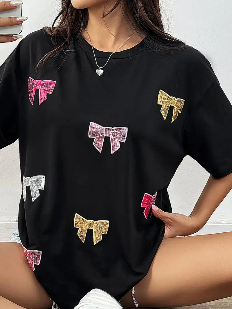 Sequin Bow Round Neck Short Sleeve T-Shirt
