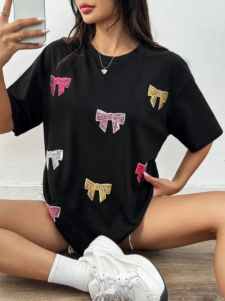 Sequin Bow Round Neck Short Sleeve T-Shirt