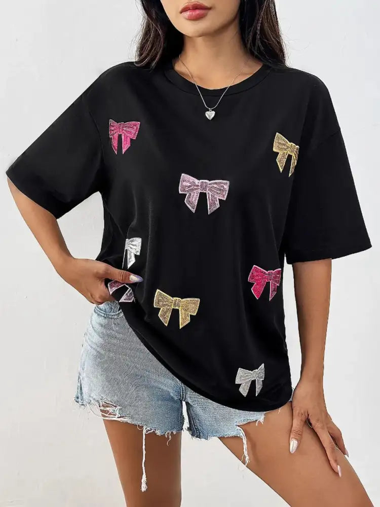 Sequin Bow Round Neck Short Sleeve T-Shirt