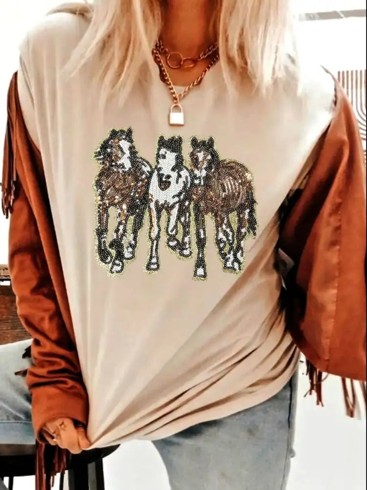 Sequin Horses Patched Casual Crewneck T Shirt