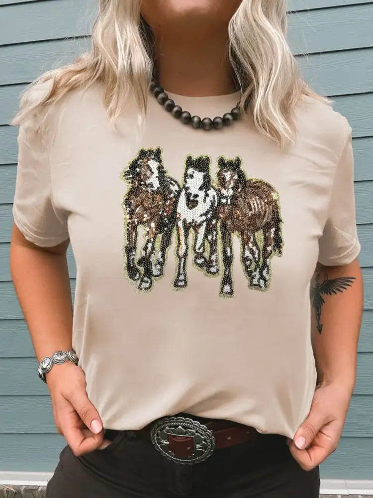 Sequin Horses Patched Casual Crewneck T Shirt