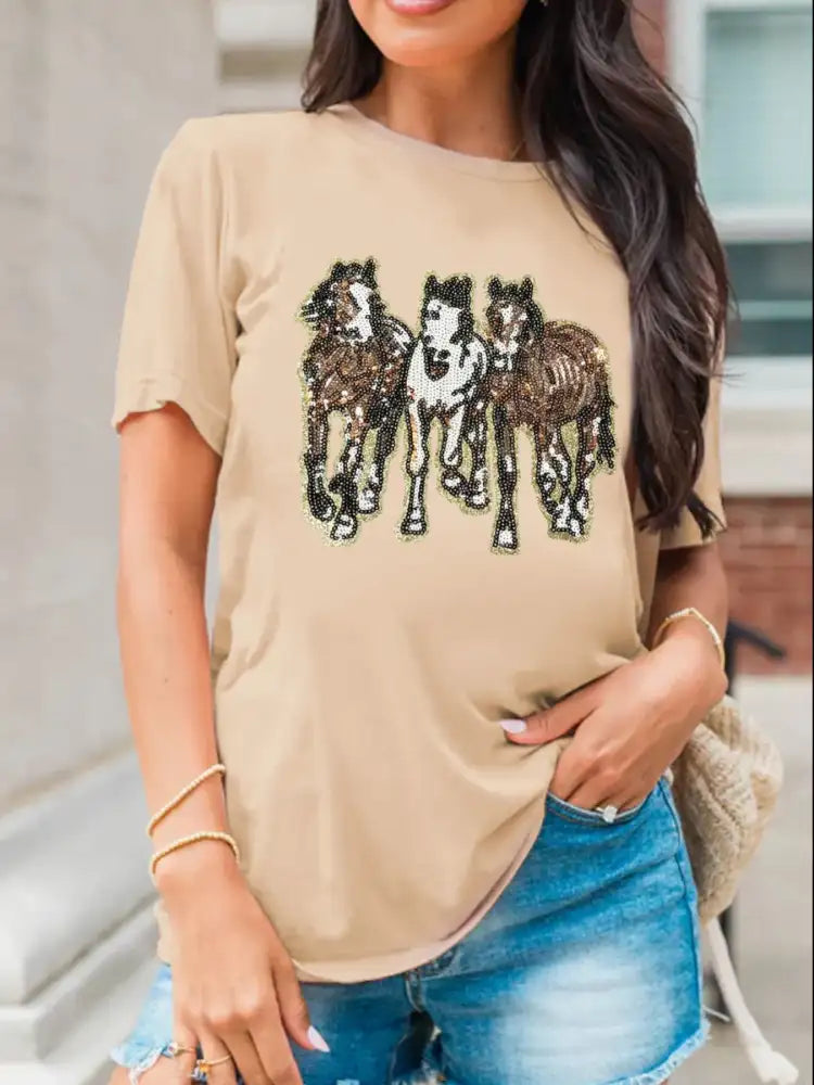 Sequin Horses Patched Casual Crewneck T Shirt