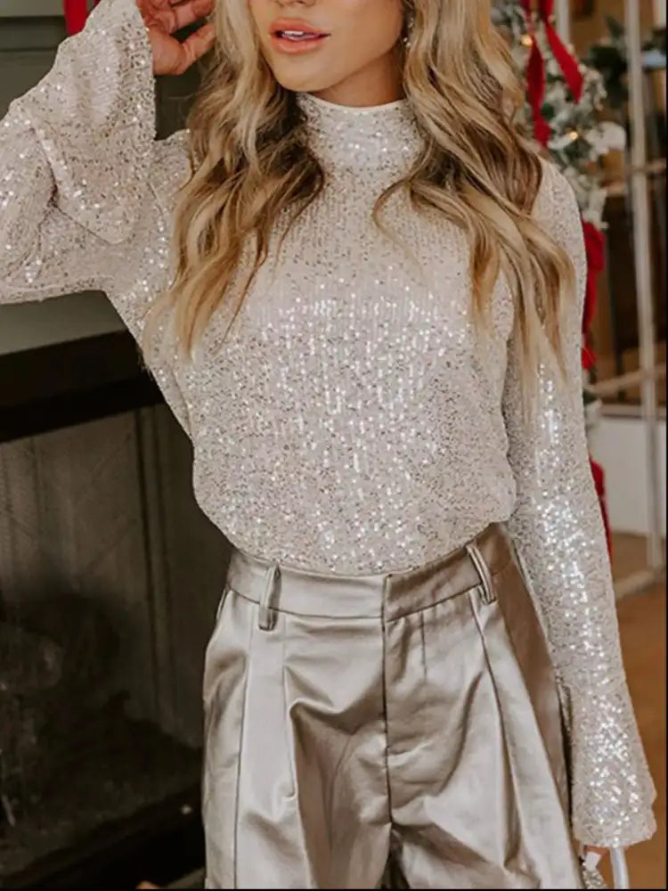 Sequin Mock Neck Bell Sleeve Top