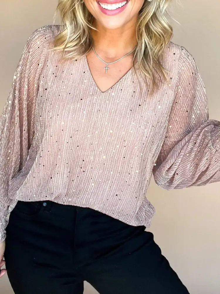 Sequin V-Neck Flounce Sleeve Blouse