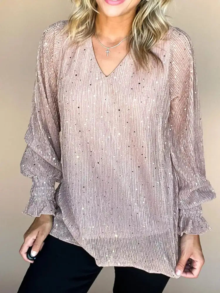 Sequin V-Neck Flounce Sleeve Blouse