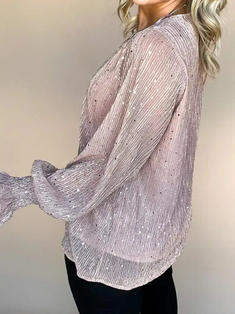 Sequin V-Neck Flounce Sleeve Blouse