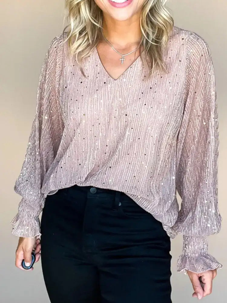 Sequin V-Neck Flounce Sleeve Blouse