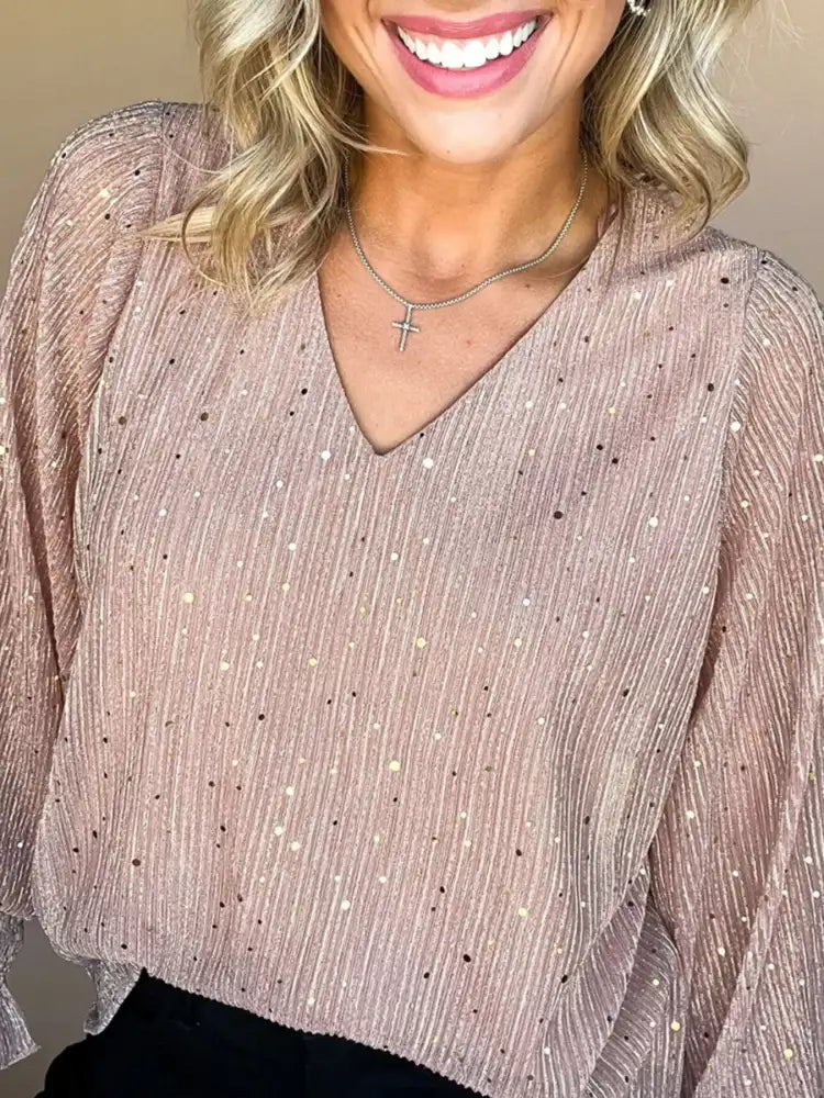 Sequin V-Neck Flounce Sleeve Blouse