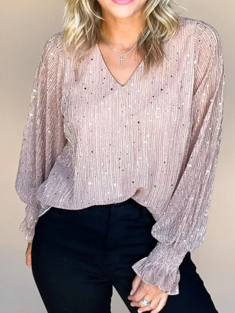 Sequin V-Neck Flounce Sleeve Blouse