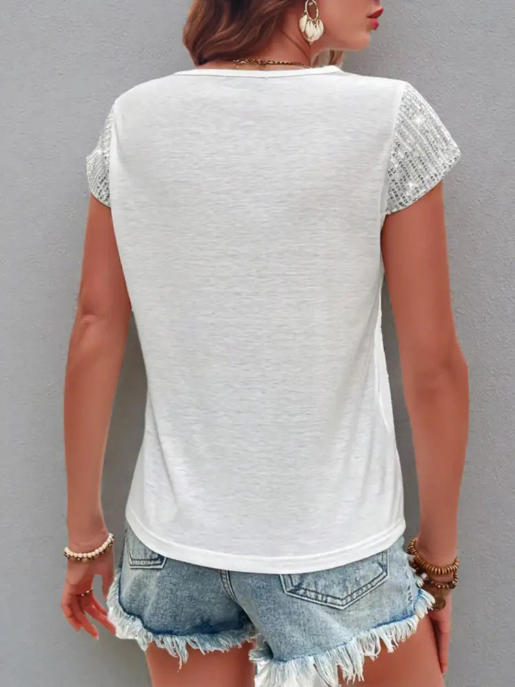 Sequin V-Neck Short Sleeve T-Shirt