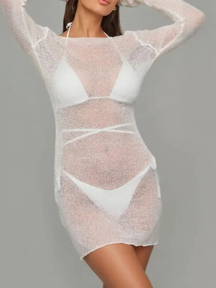 Sheer Backless Long Sleeve Mini Cover-Up Dress