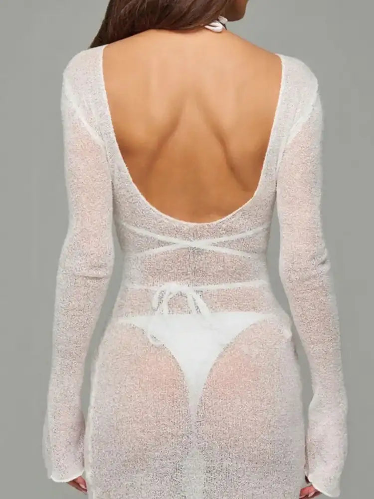 Sheer Backless Long Sleeve Mini Cover-Up Dress