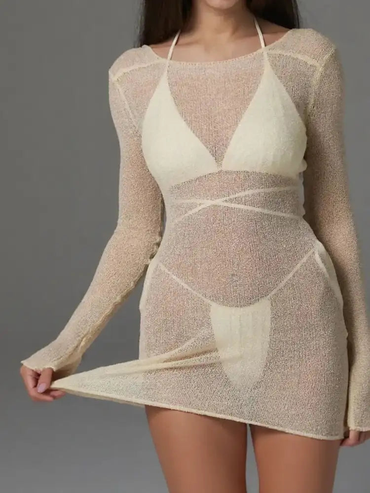 Sheer Backless Long Sleeve Mini Cover-Up Dress