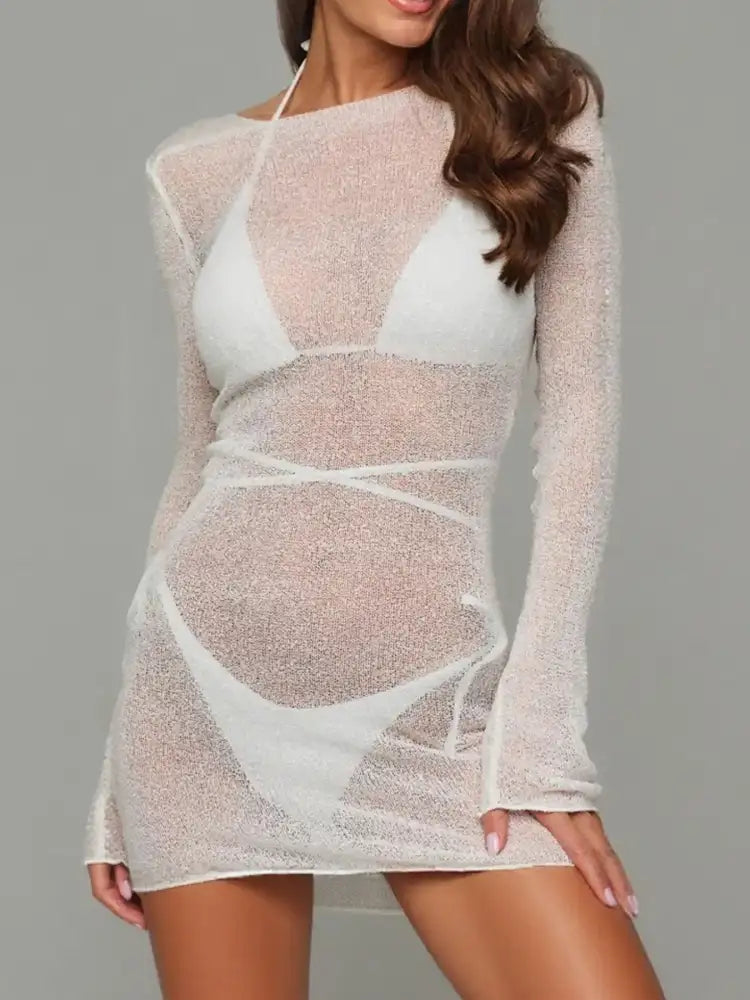 Sheer Backless Long Sleeve Mini Cover-Up Dress