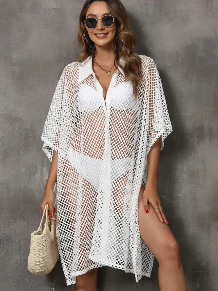 Sheer Mesh Button Up Cover Up