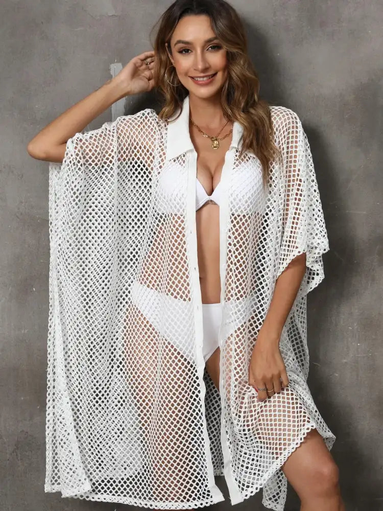 Sheer Mesh Button Up Cover Up