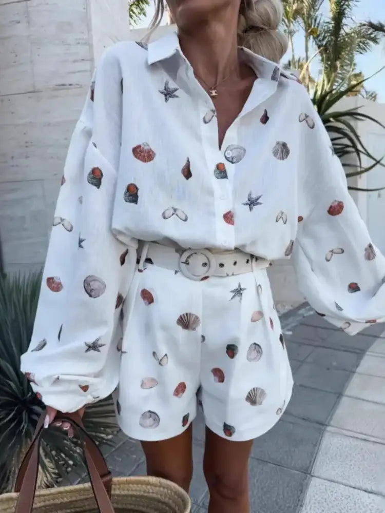 Shell Print Long Sleeve Shirt and Belt Shorts Set
