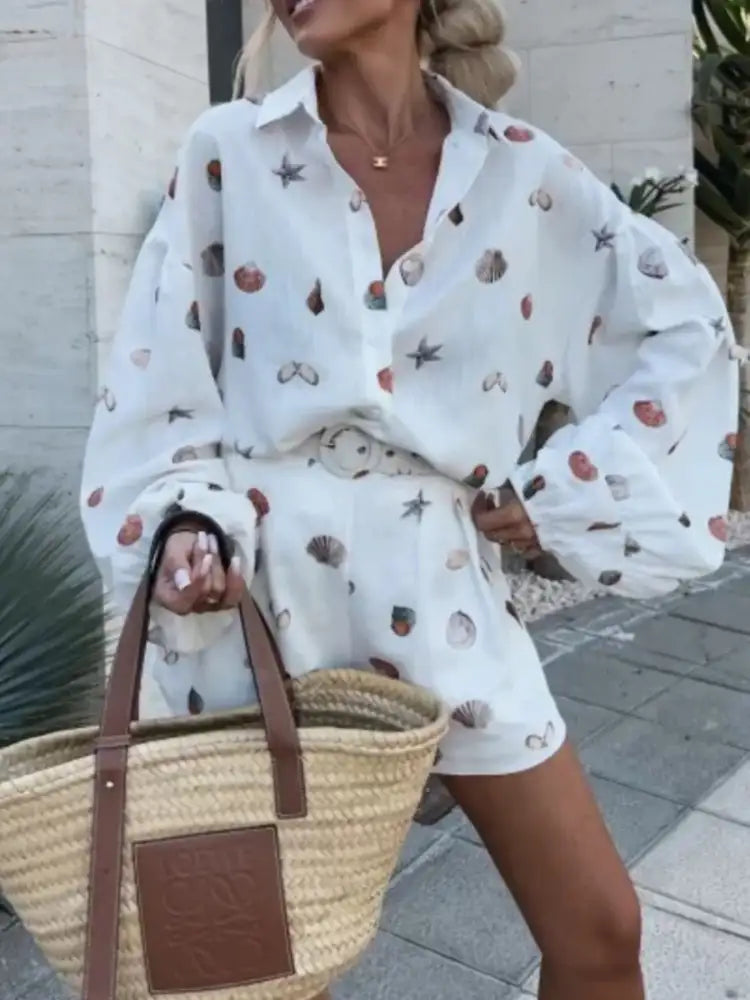 Shell Print Long Sleeve Shirt and Belt Shorts Set