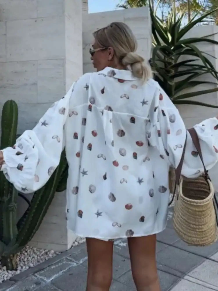 Shell Print Long Sleeve Shirt and Belt Shorts Set