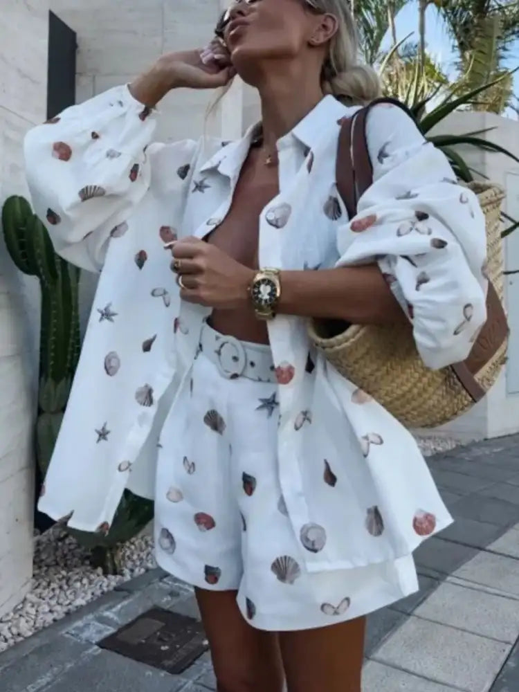 Shell Print Long Sleeve Shirt and Belt Shorts Set