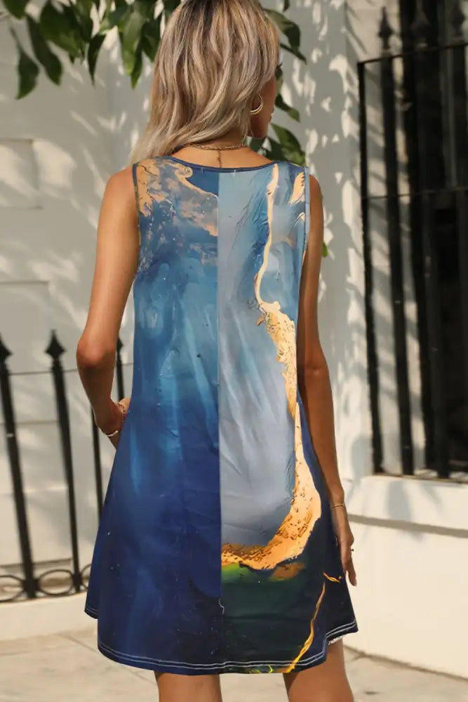 Shiny Abstract Print Round Neck Sleeveless Dress with Pockets