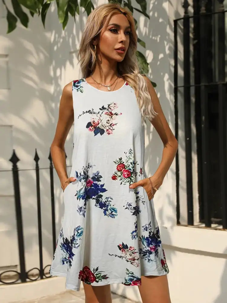 Shiny Printed Round Neck Sleeveless Dress with Pockets