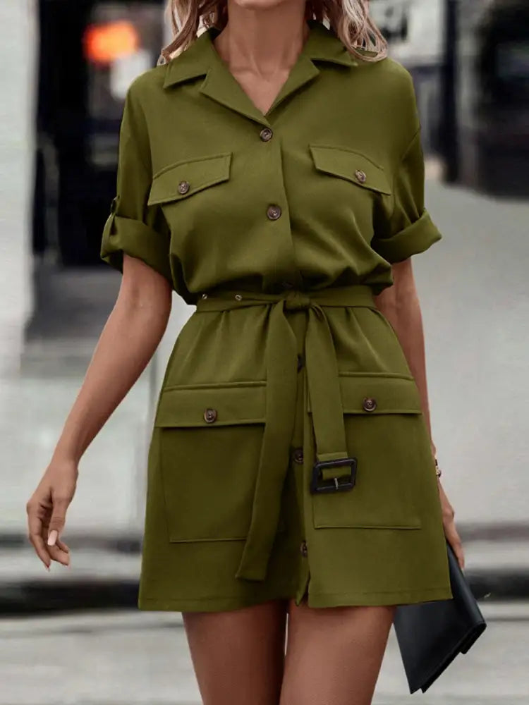 Shiny Tie Waist Collared Dress