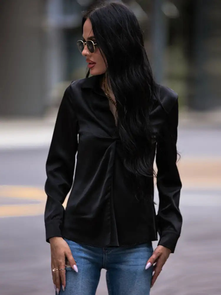 Shiny Twist Front Collared Blouse