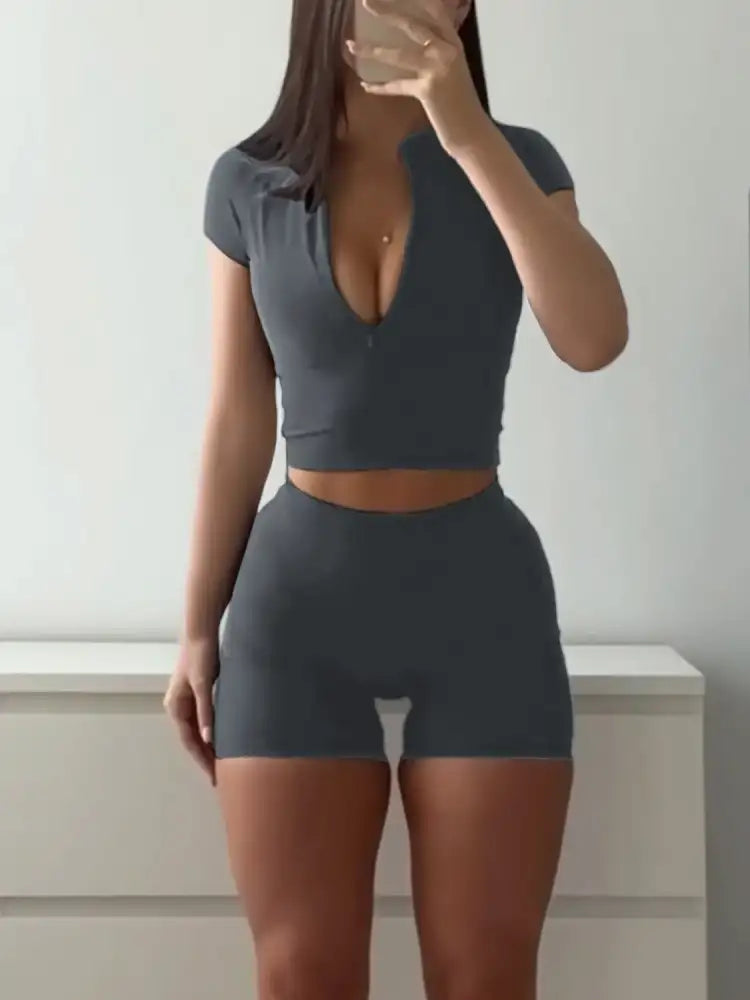 Short Sleeve Crop Top and Shorts Set