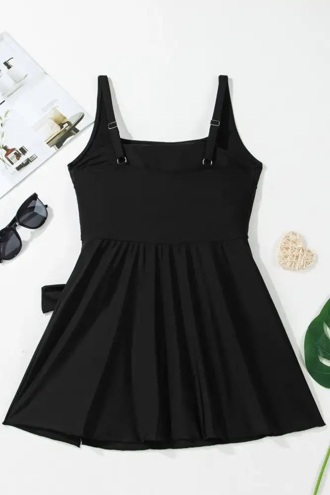 Side Tied Waist Square Neck Adjustable Straps A-line One Piece Swim Dress