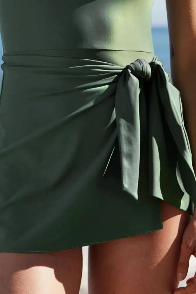 Side Tied Waist Square Neck Adjustable Straps A-line One Piece Swim Dress