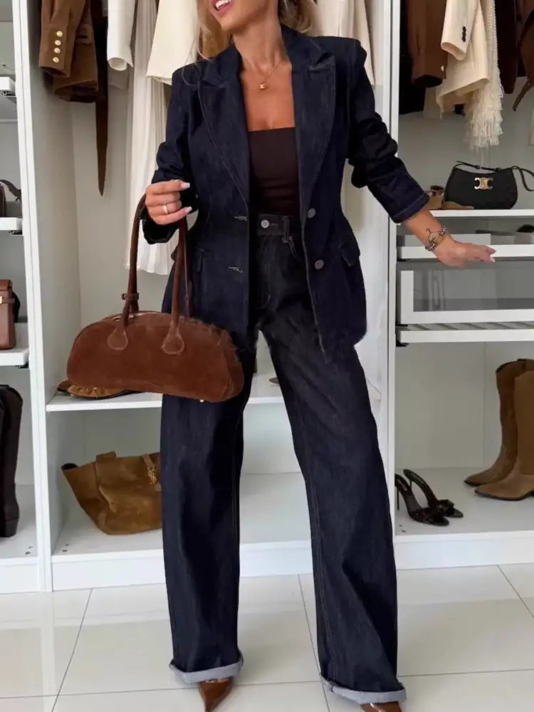 Single-Breasted Blazer and Jeans Denim Set