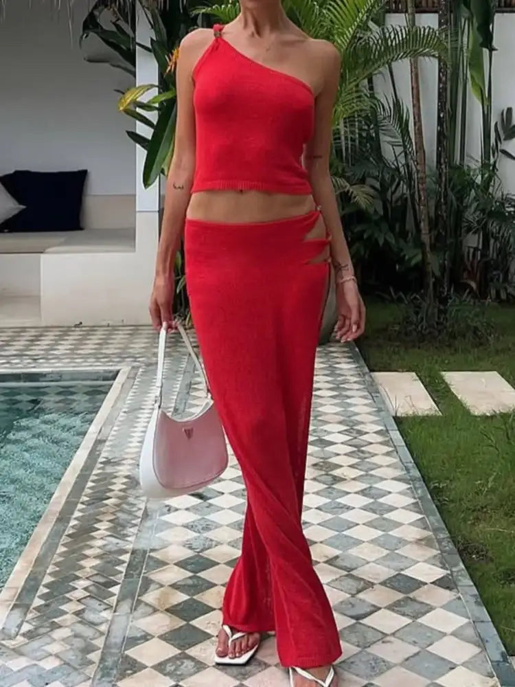 Single Shoulder Cami and Slit Skirt Sweater Set