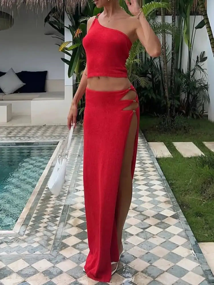 Single Shoulder Cami and Slit Skirt Sweater Set