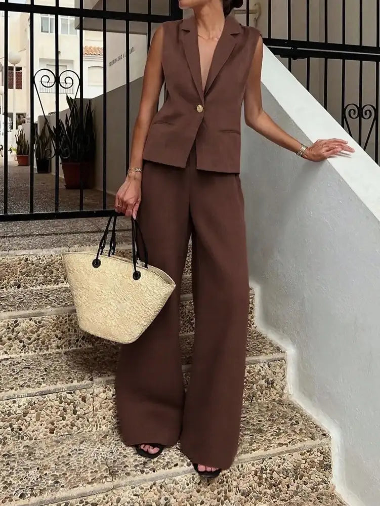 Sleeveless Blazer and Wide Leg Pants Set