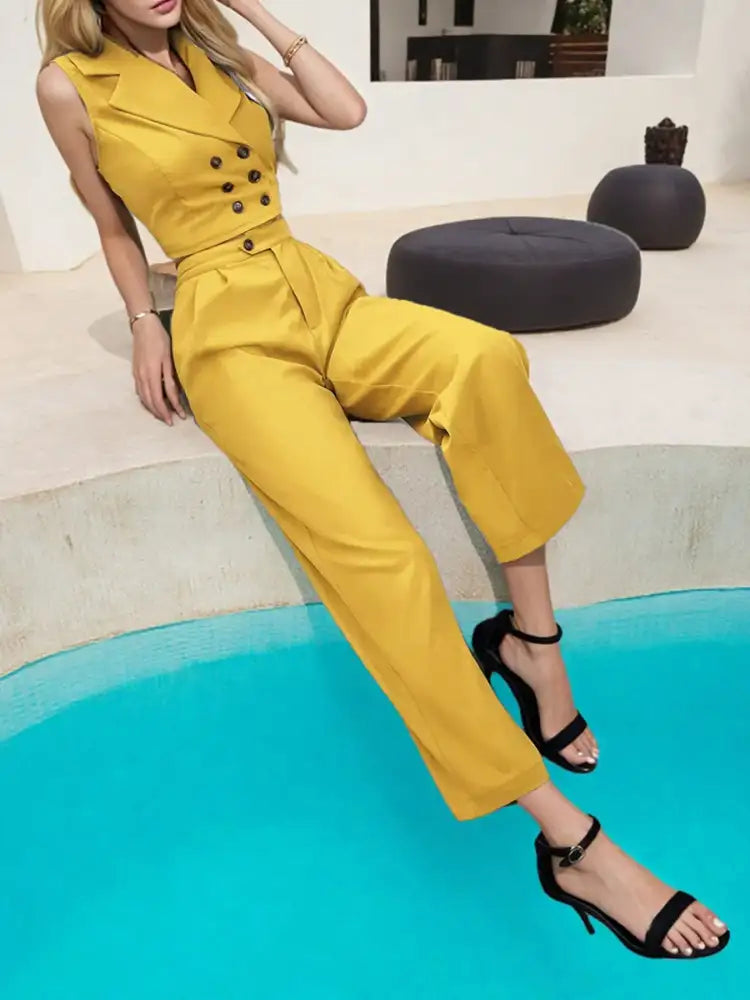 Sleeveless Blazer and Wide Leg Pants Two Piece Set