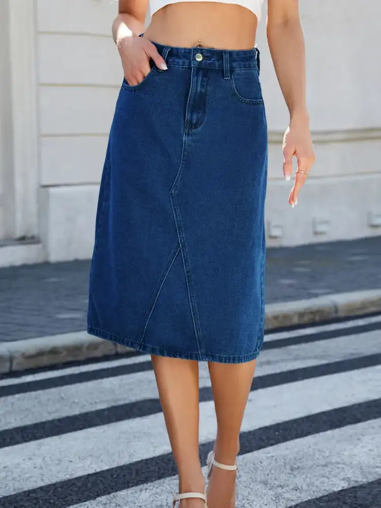 Slit Back Midi Denim Skirt