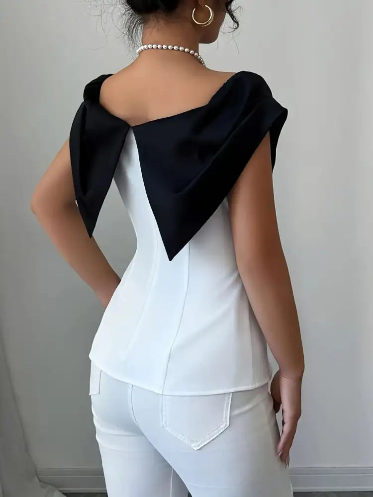 Slit Contrast Cap Sleeve Blouse