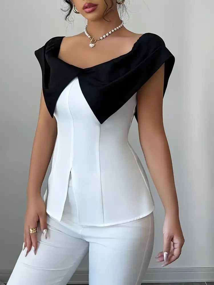 Slit Contrast Cap Sleeve Blouse