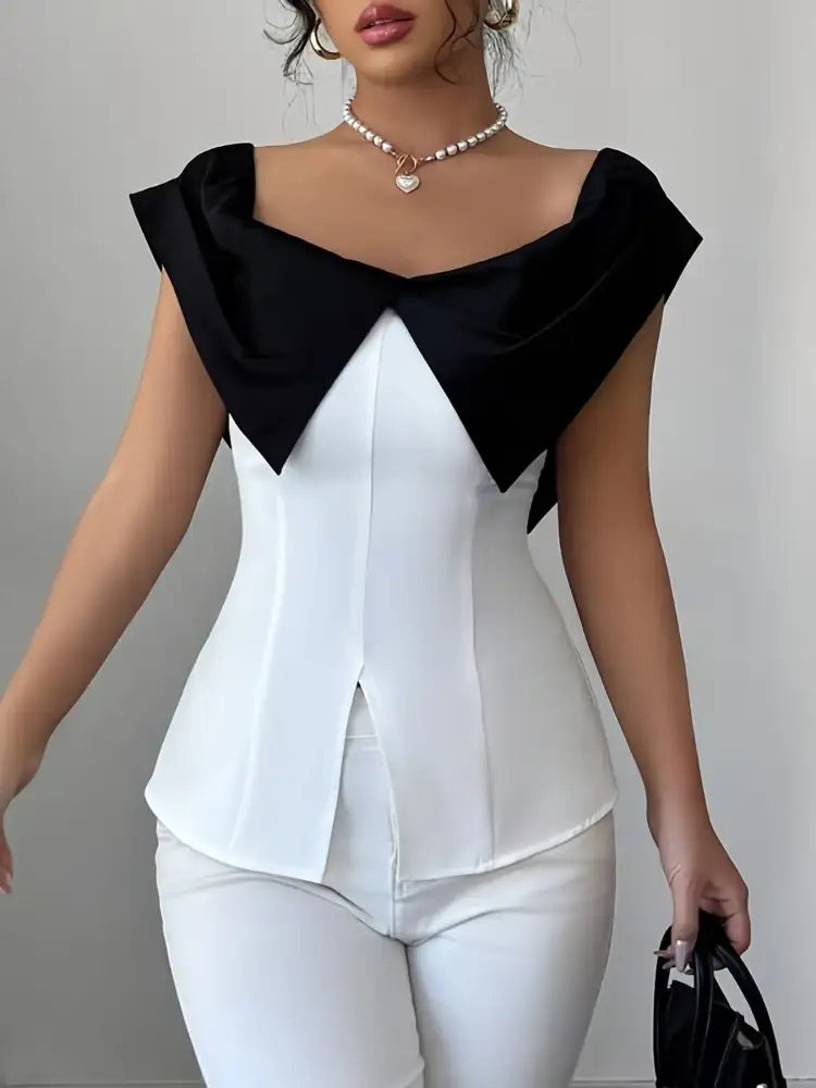 Slit Contrast Cap Sleeve Blouse