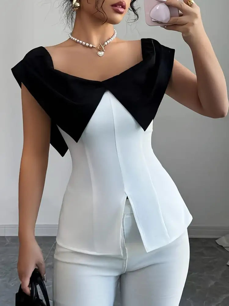 Slit Contrast Cap Sleeve Blouse