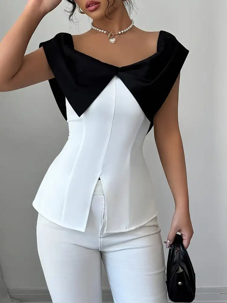 Slit Contrast Cap Sleeve Blouse